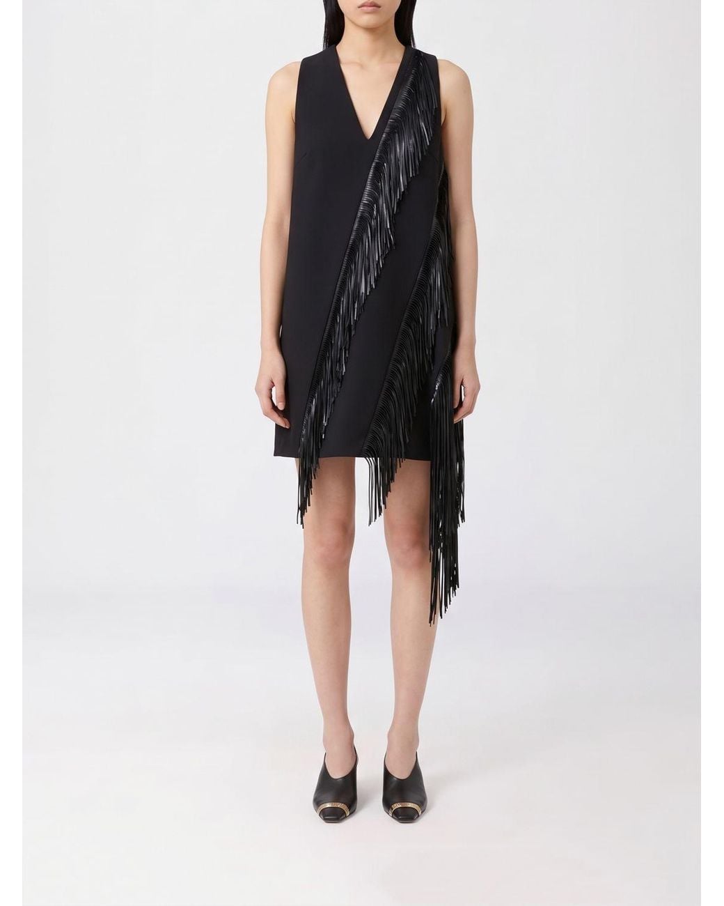 Sportmax Black Asymmetrical V-Neck Fringed Mini Dress