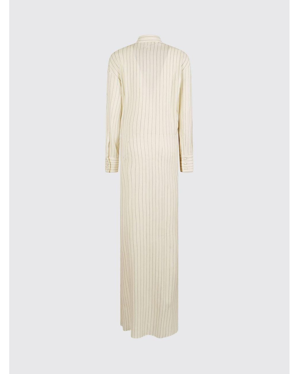 Dondup Natural Striped Virgin Wool Long Sheath Dress With Draped Waist