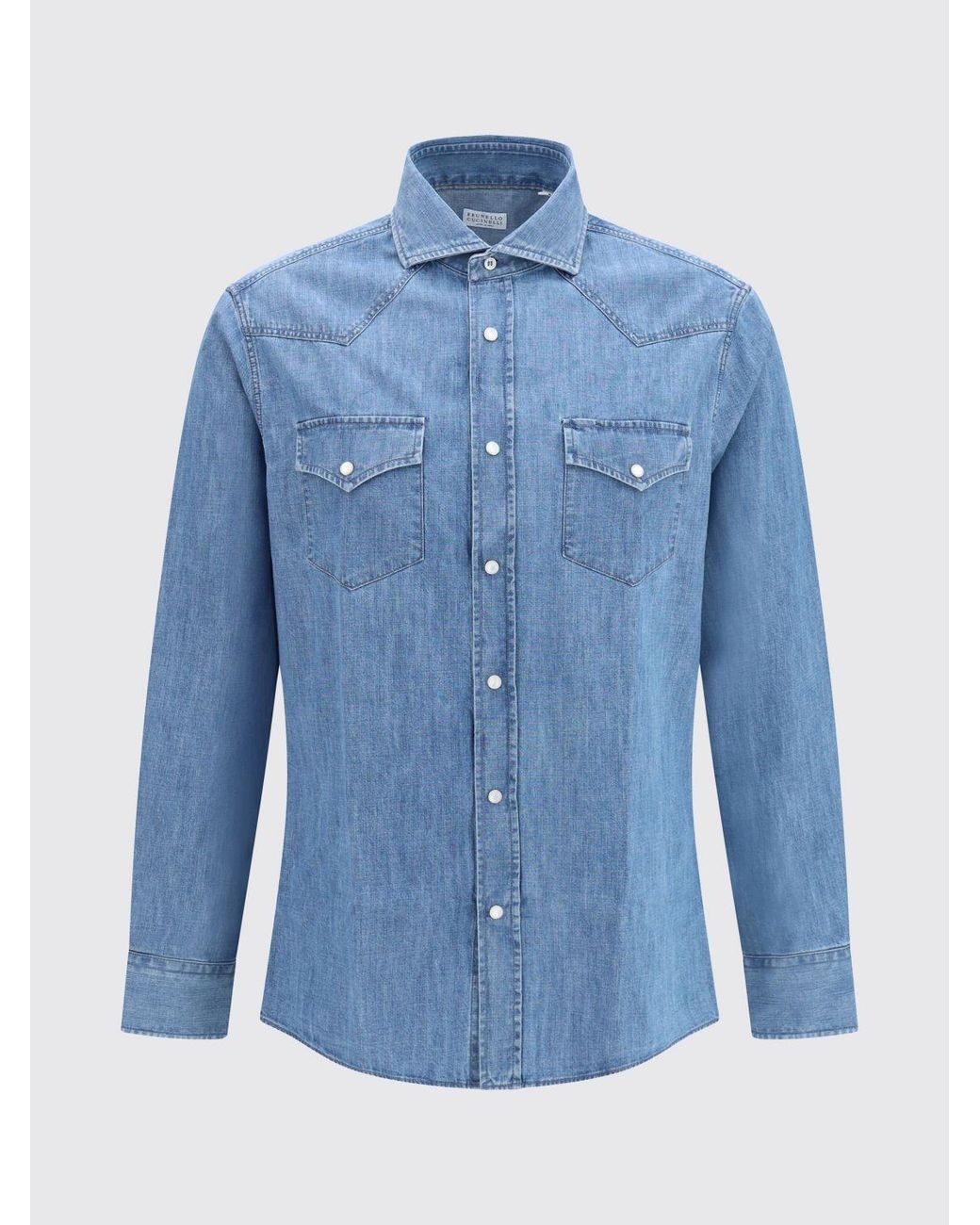 Brunello Cucinelli Blue Cotton Shirt With French Collar for men