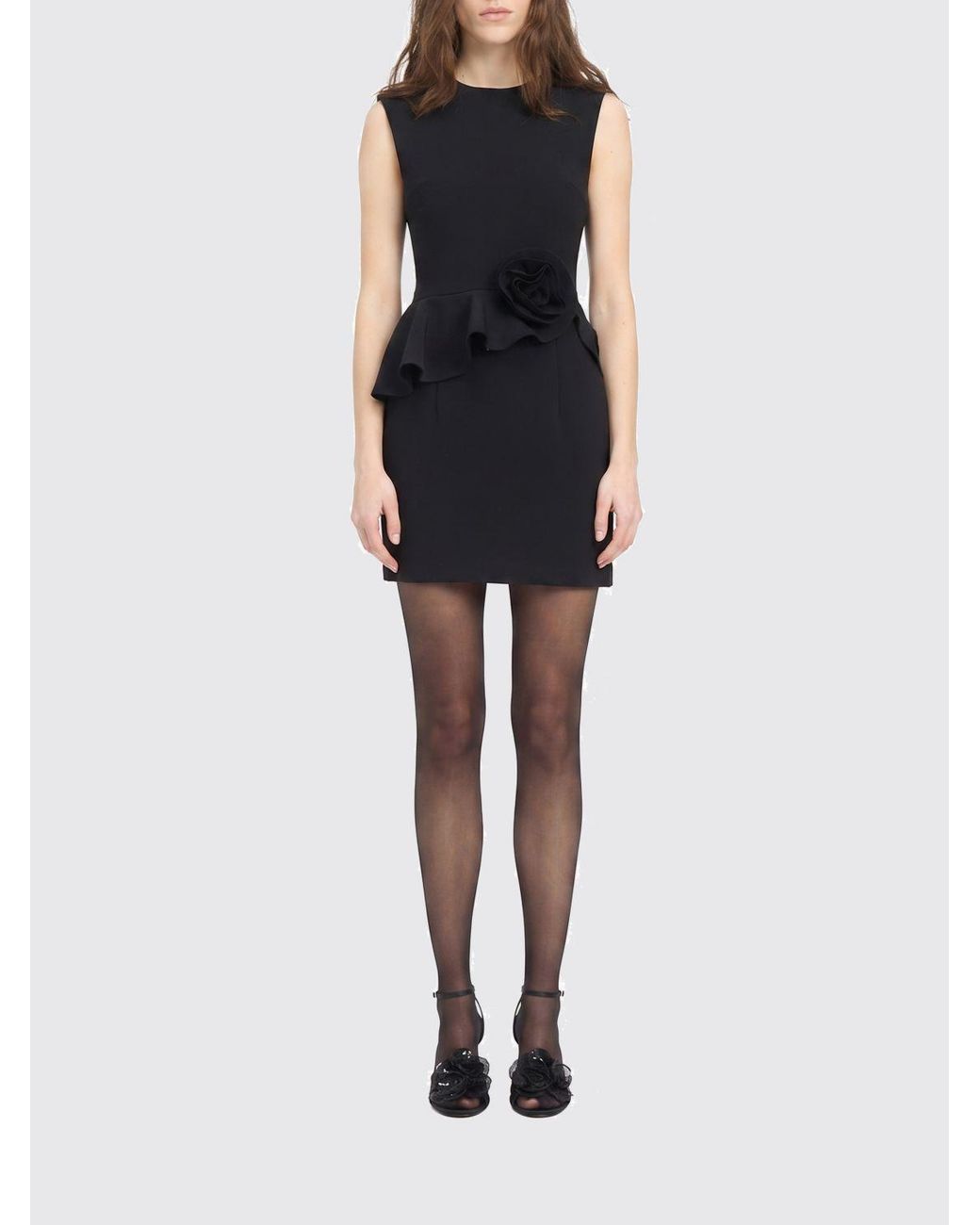 ROTATE BIRGER CHRISTENSEN Black Sleeveless Crêpe Sheath Mini Dress With Flower Appliqué And Ruffles