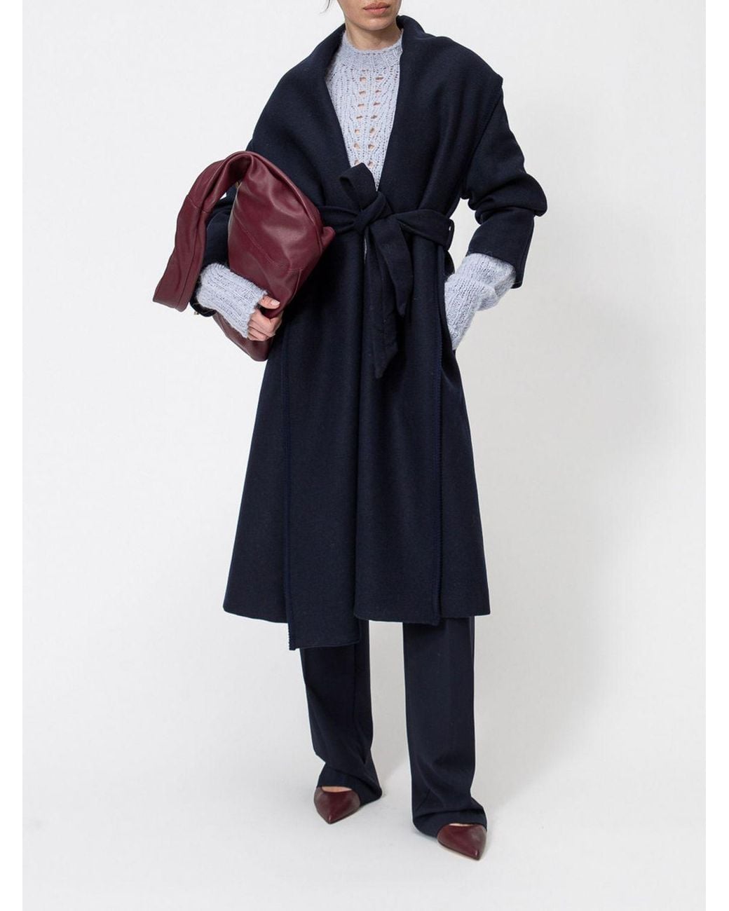 Twinset Blue Long Wool Robe Coat With Shawl Collar And Belt