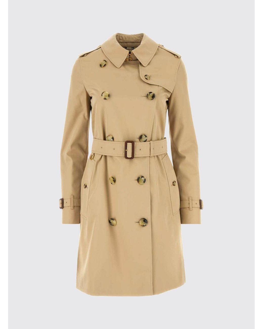 Burberry Natural Knee-Length Double-Breasted Cotton Trench Coat With Belt And Epaulettes