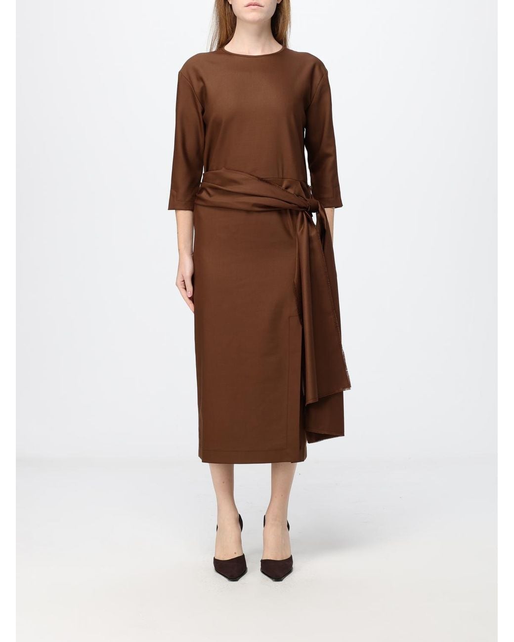 Crida Milano Brown Gertrude Wool Midi Sheath Dress With Long Sleeves And Waist Belt