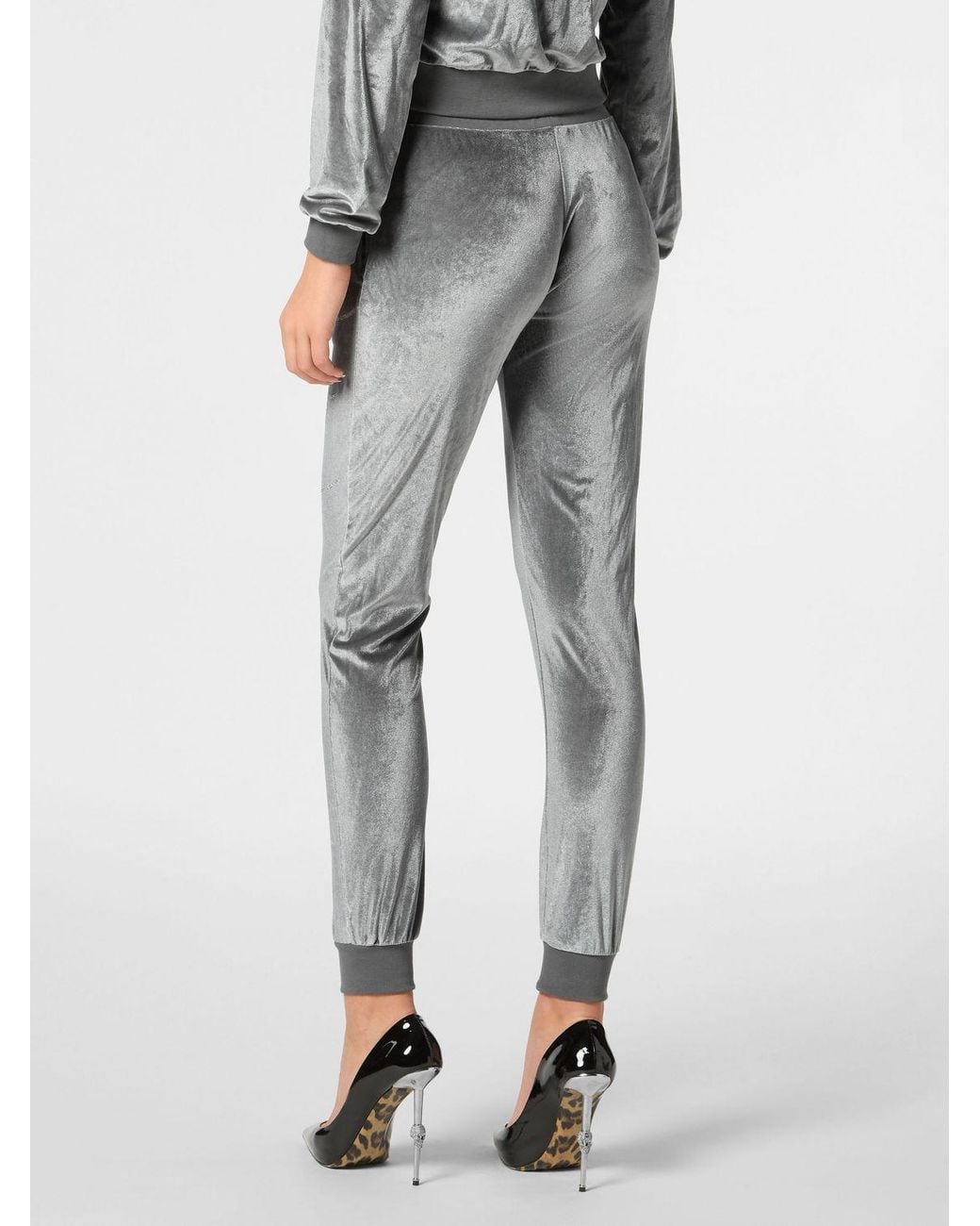 Philipp Plein Gray Velvet Track Trousers With Rhinestone Logo