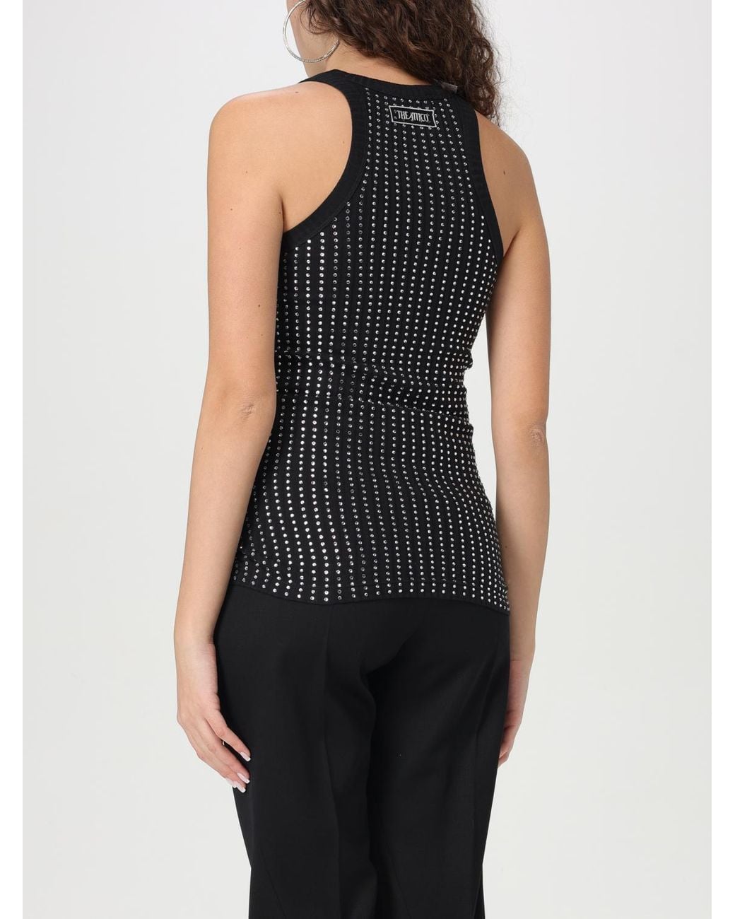 The Attico Black Cotton Tank Top With Rhinestones