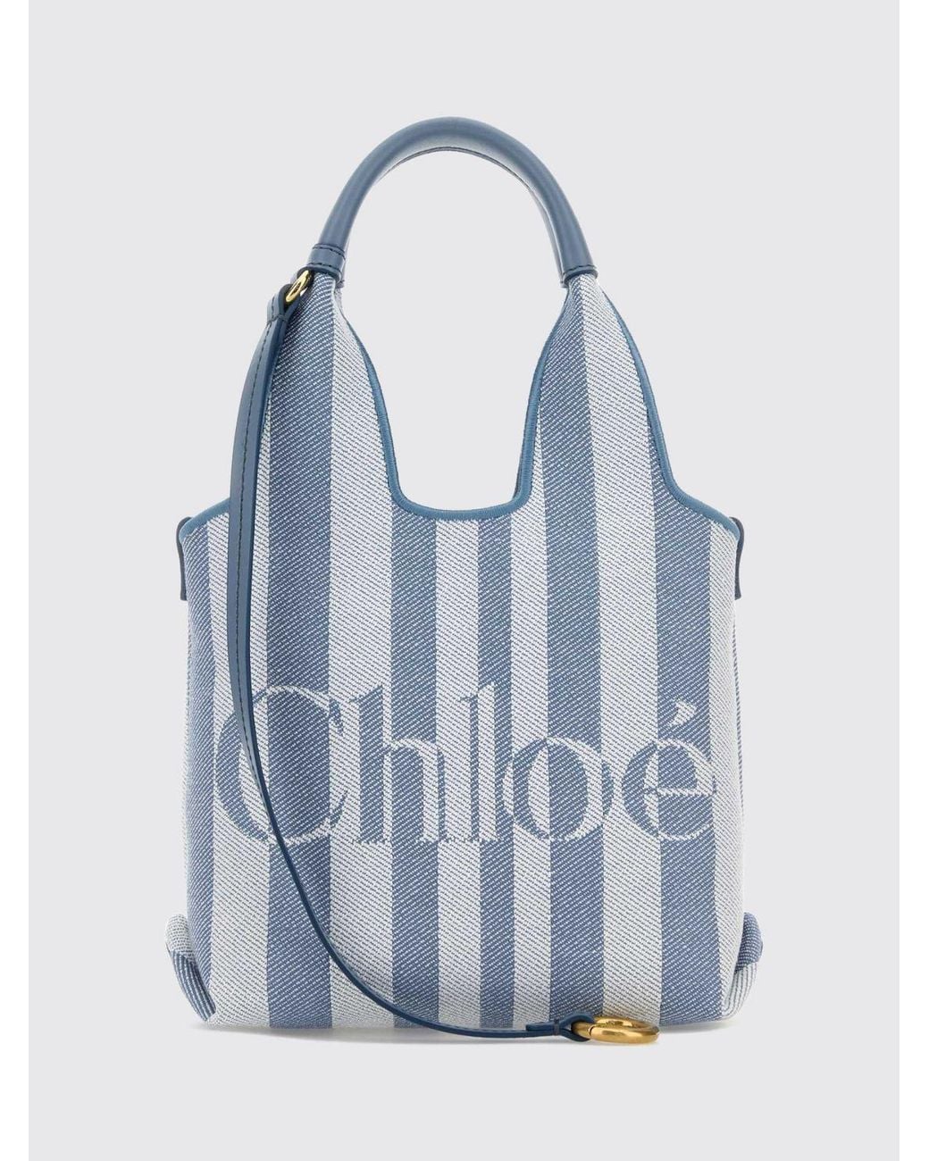 Chloé Blue ChloÉ Striped Cotton Handbag With Jacquard Logo And Leather Handles