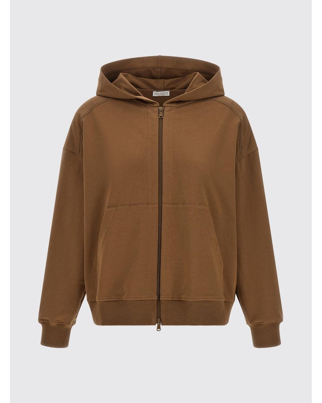 Brunello Cucinelli Brown Zip-Up Cotton Hoodie With Kangaroo Pocket