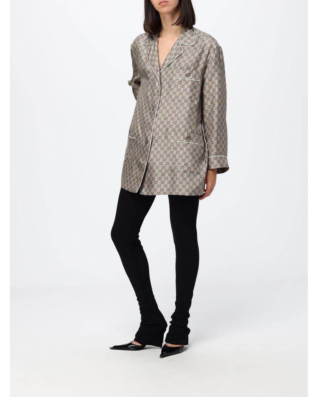 Gucci Gray Gg Monogram Silk Pajama-Style Shirt With Revere Collar