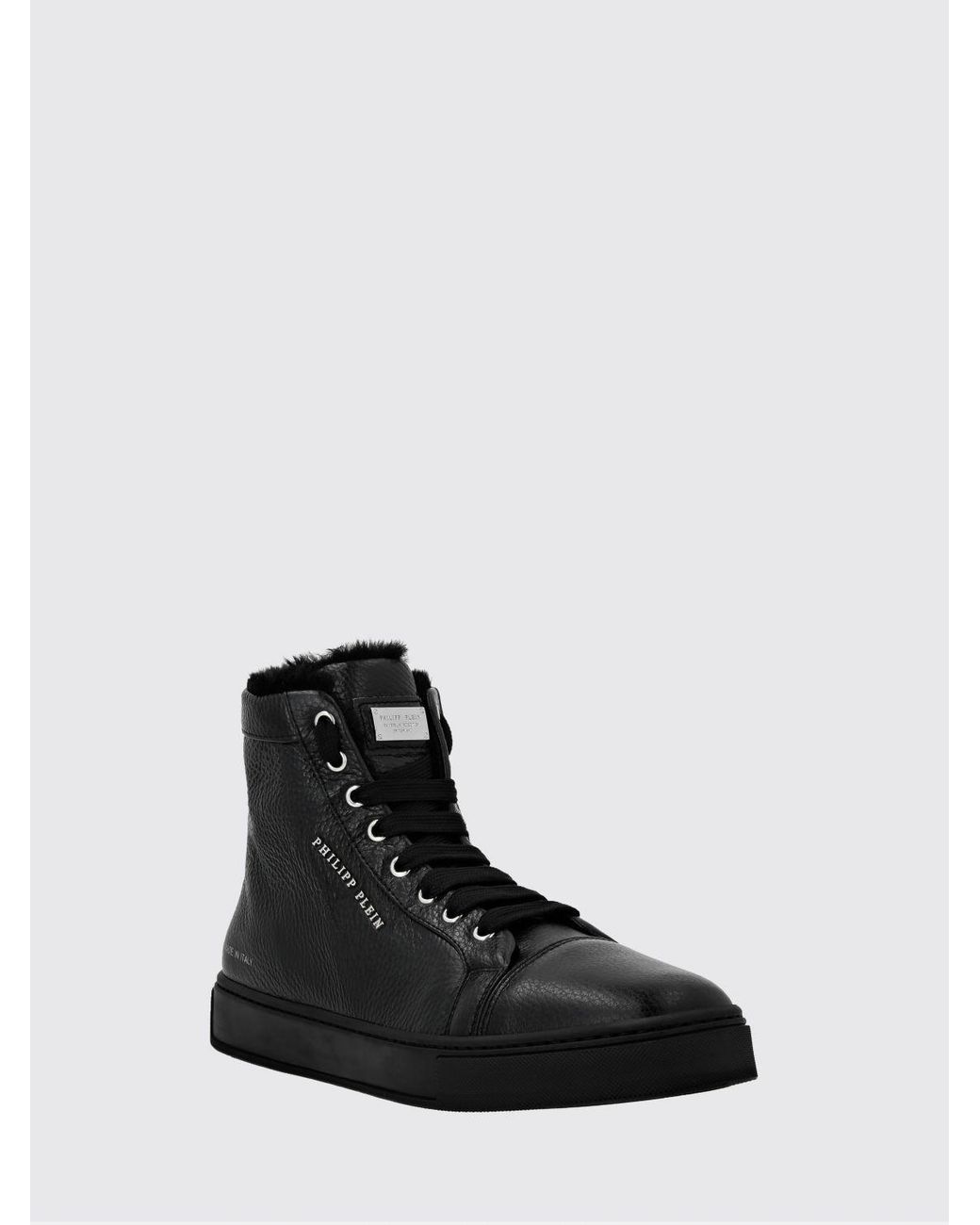 Philipp Plein Black High-Top Grained Leather Sneakers With Shearling Lining for men