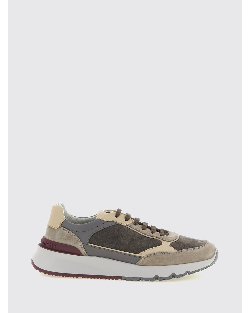 Brunello Cucinelli White Bicolor Suede And Leather Low-Top Sneakers With Serrated Sole for men