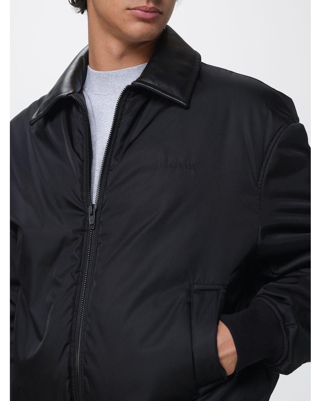 Balenciaga Blue Padded Nylon Bomber Jacket With Leather Collar for men