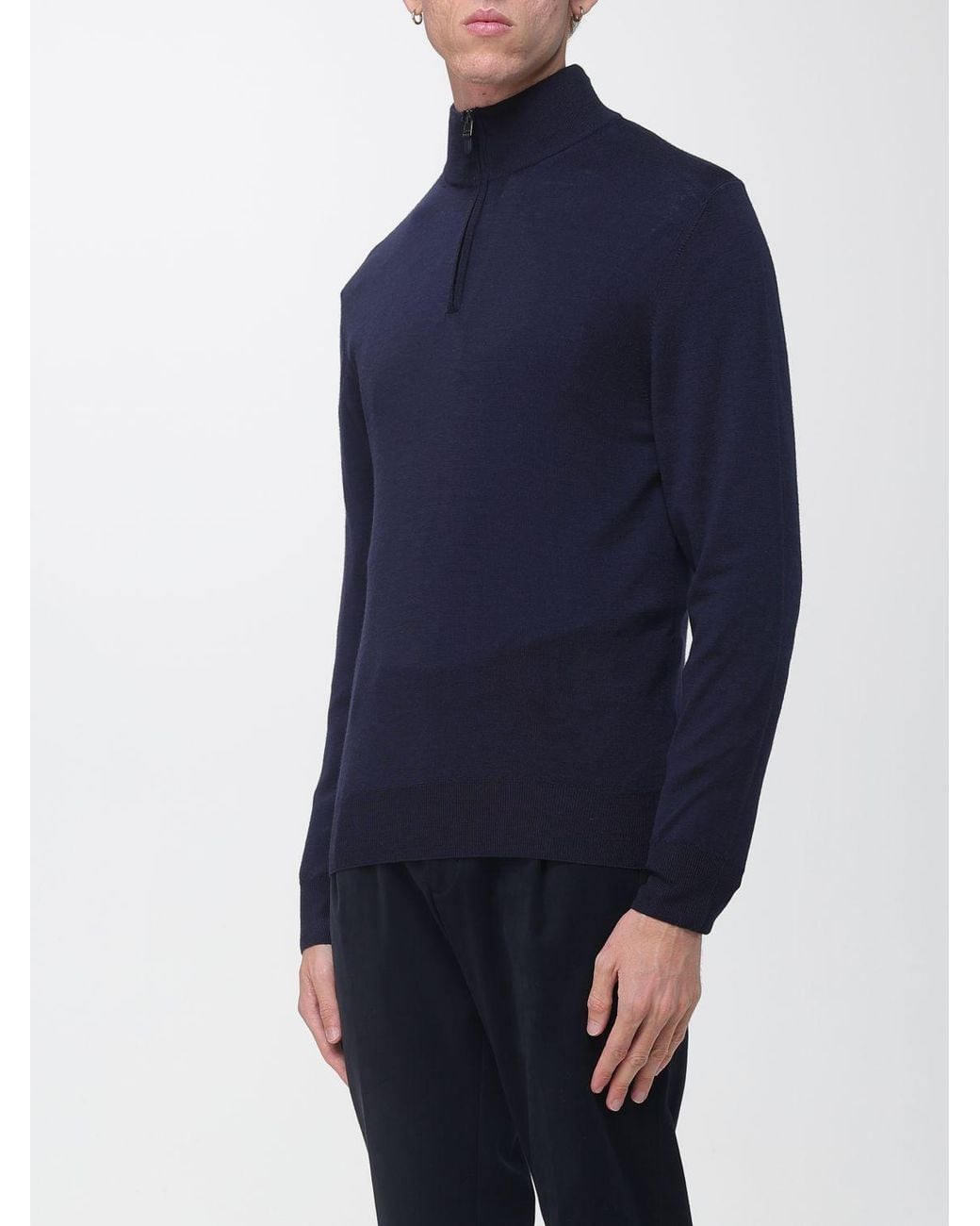 Canali Blue Merino Wool Turtleneck Jumper With Half-Zip Closure for men
