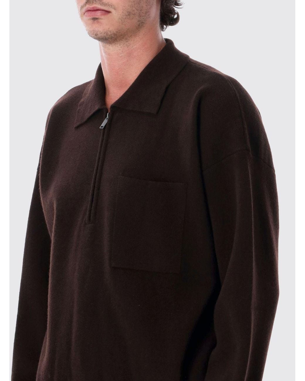 Roberto Collina Black Long-Sleeved Merino Wool Knit Polo Shirt With Zip for men