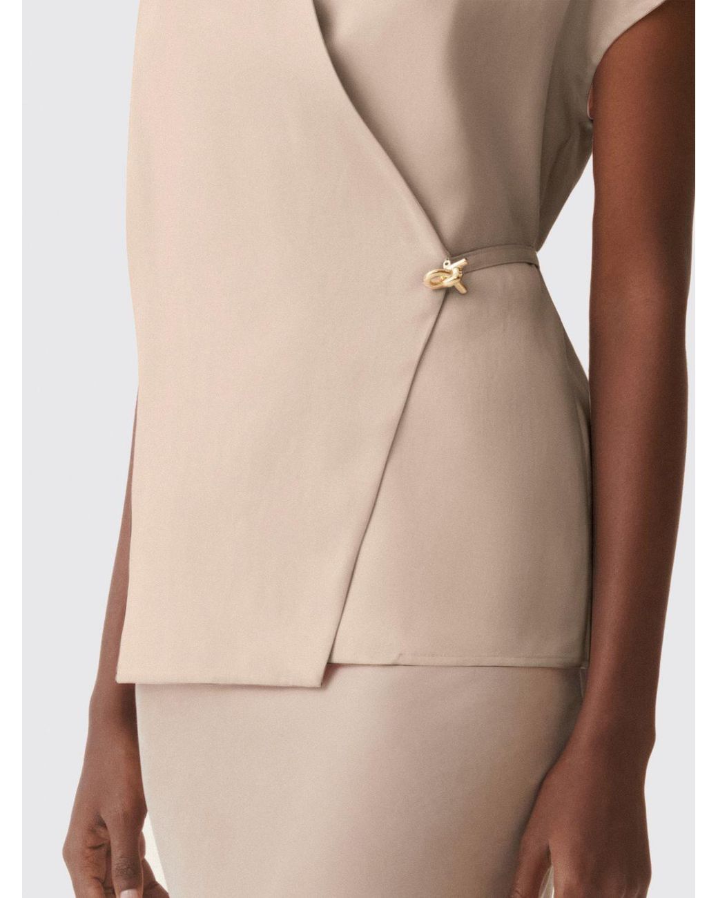 Fabiana Filippi Natural Satin V-Neck Wrap Top With Tie Closure