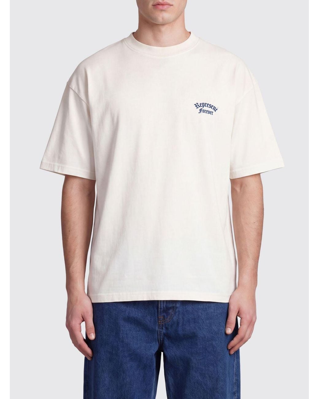 Represent White Cotton T-Shirt With Graphic Print And Contrast Logo for men