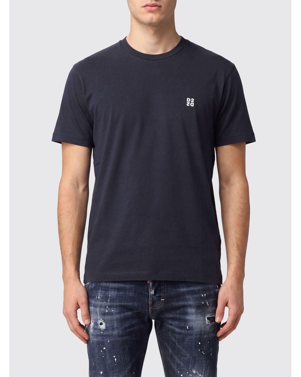 DSquared² Blue Crewneck Cotton T-Shirt With Contrast Logo for men