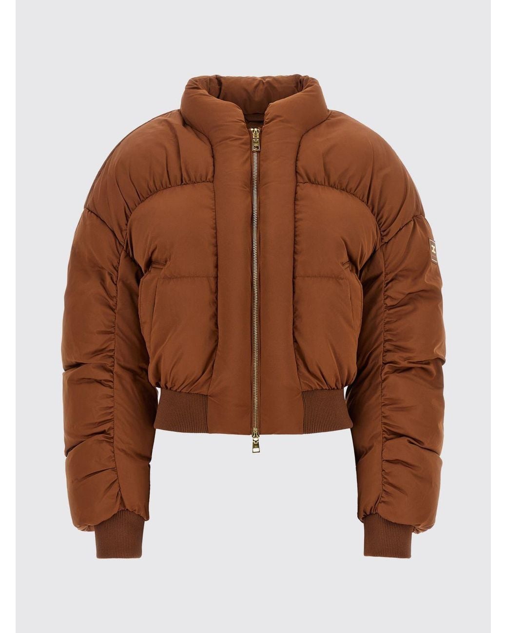 Elisabetta Franchi Brown Quilted Cropped Puffer Jacket With High Neck And Contrast Logo