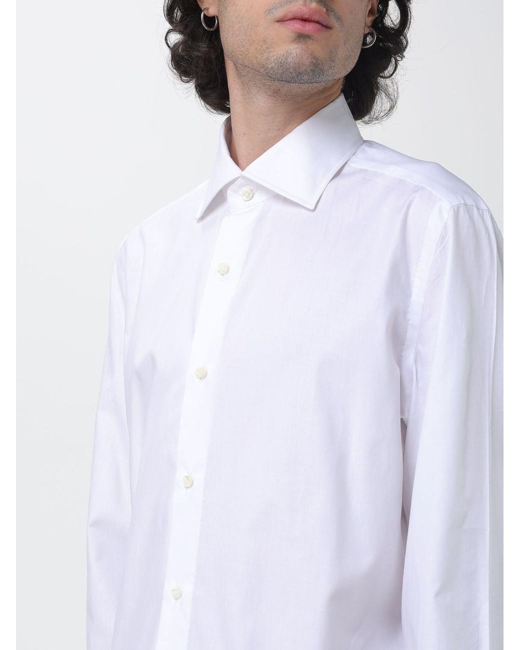 Luigi Borrelli Napoli White Luciano Long-Sleeve Cotton Poplin Shirt With French Collar for men