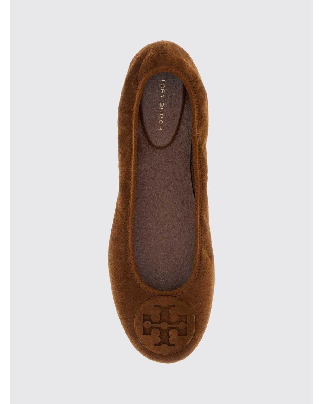 Tory Burch Brown Reva Suede Ballet Flats With Double T Logo