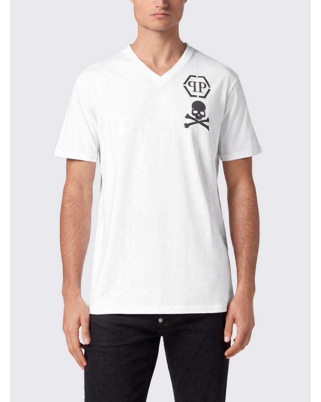 Philipp Plein White V-Neck Cotton T-Shirt With Monogram Logo for men