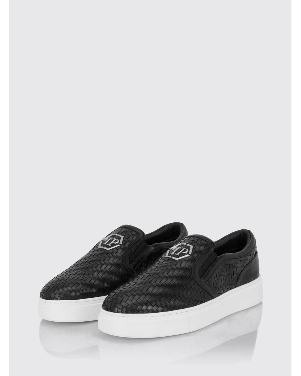 Philipp Plein White Monogram Woven Leather Slip-On Trainers With Hexagon Logo for men