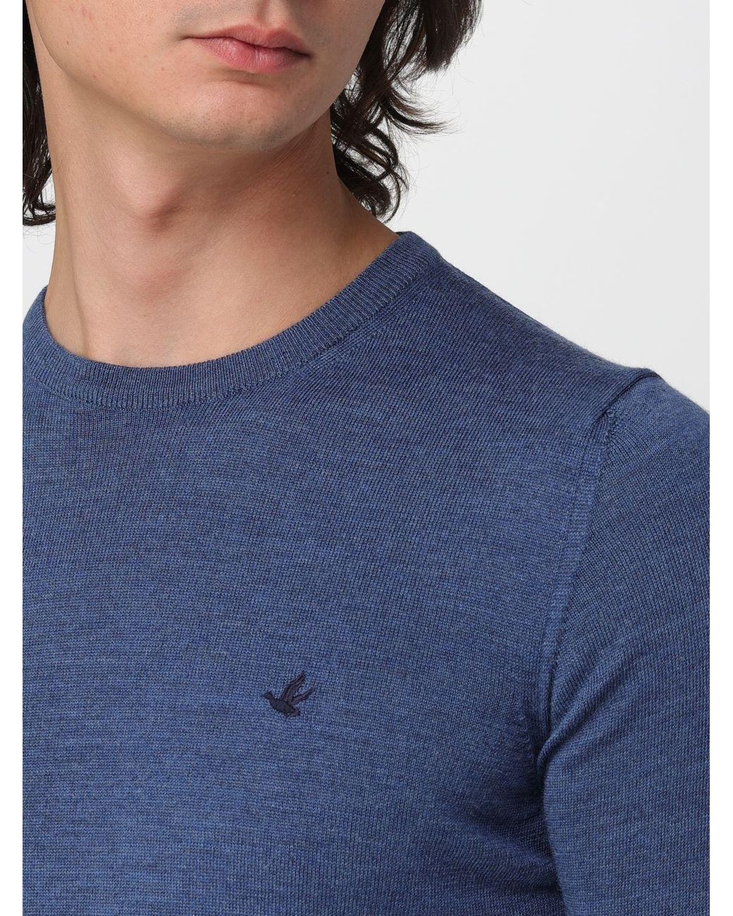 Brooksfield Blue Crewneck Wool Jumper With Long Sleeves And Ribbed Trims for men