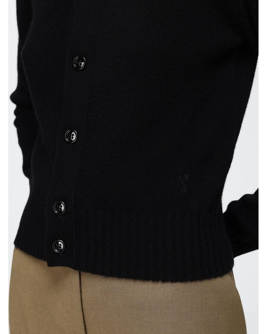 AMI Black Crewneck Cashmere Cardigan With Ribbed Trims