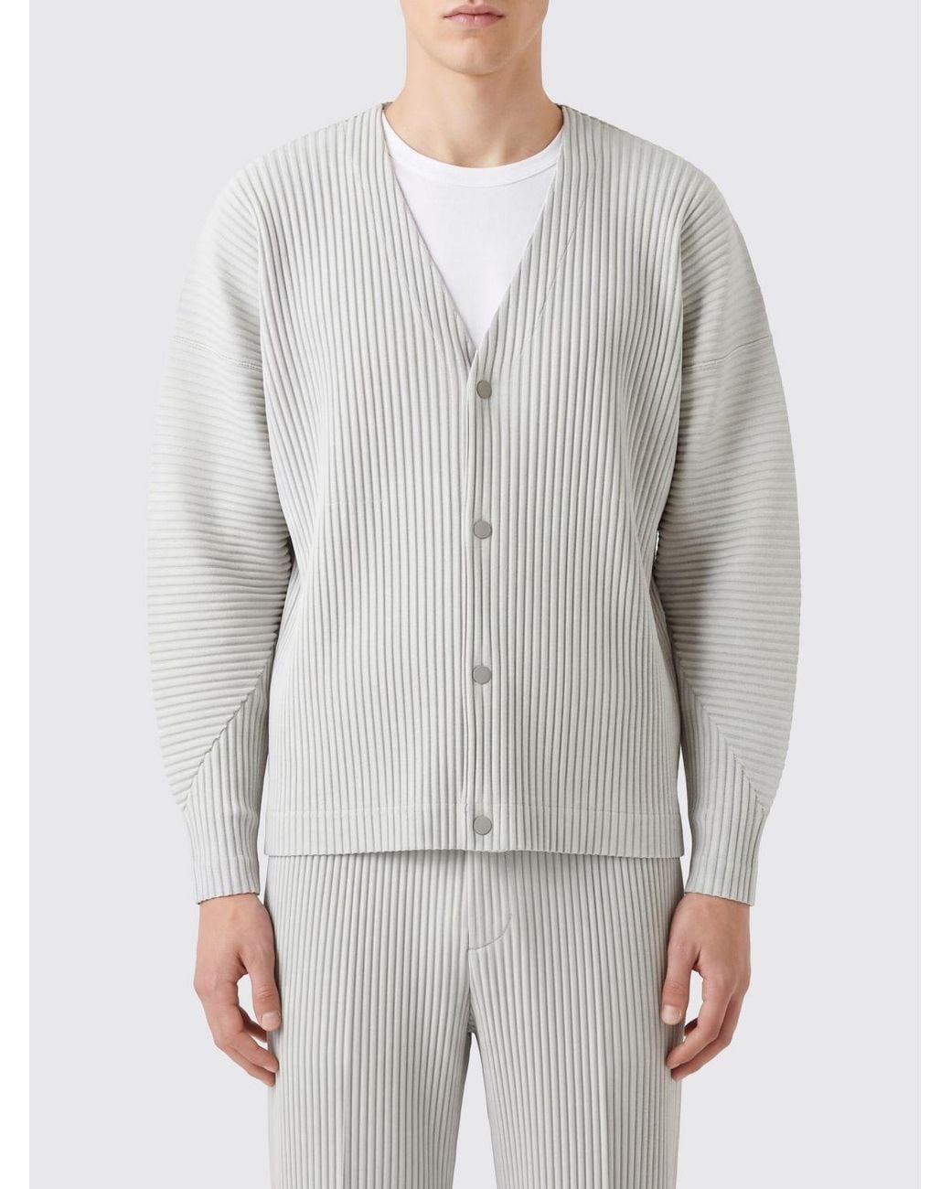 Homme Plissé Issey Miyake Gray Homme Plissé Issey Miyake Pleated V-Neck Buttoned Cardigan for men