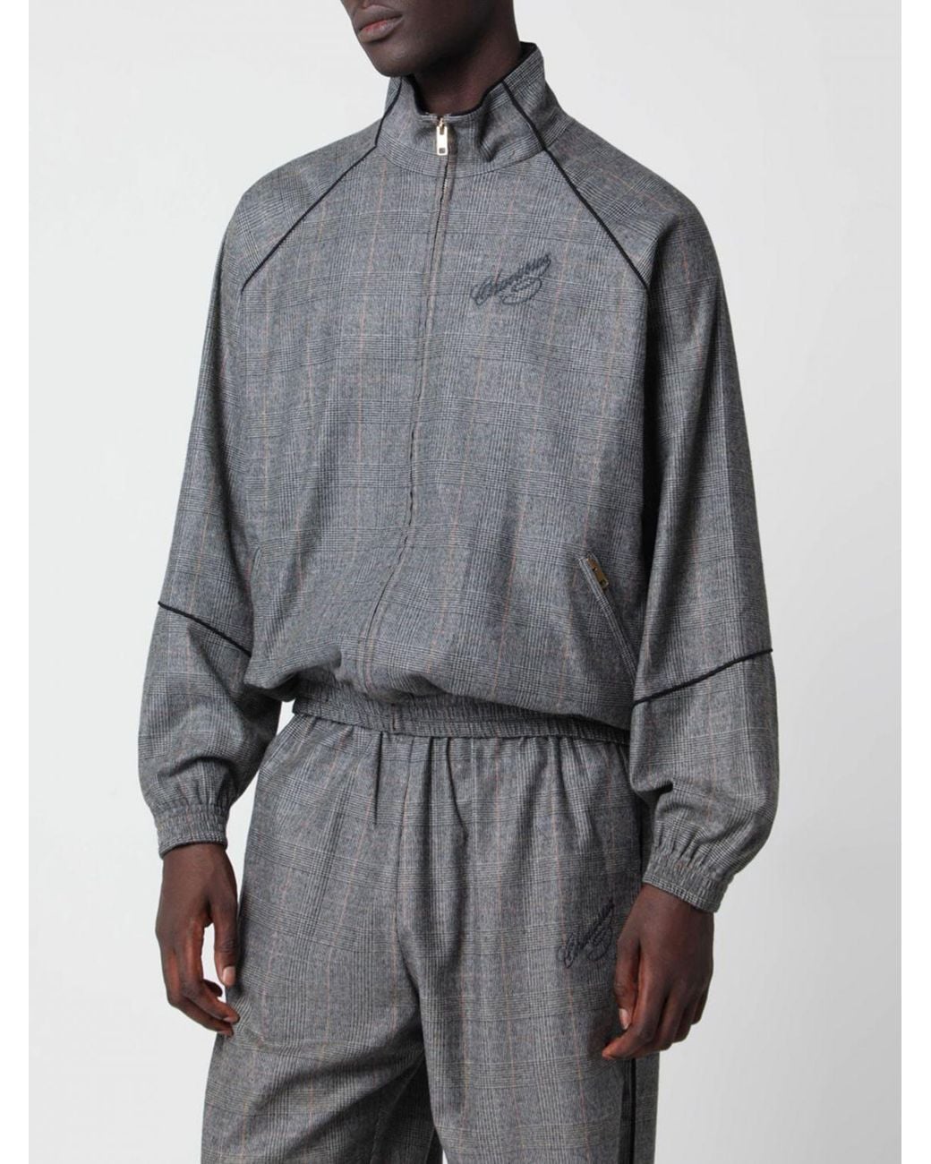 Willy Chavarria Gray Virgin Wool Bomber Jacket With Tartan Pattern And High Neck