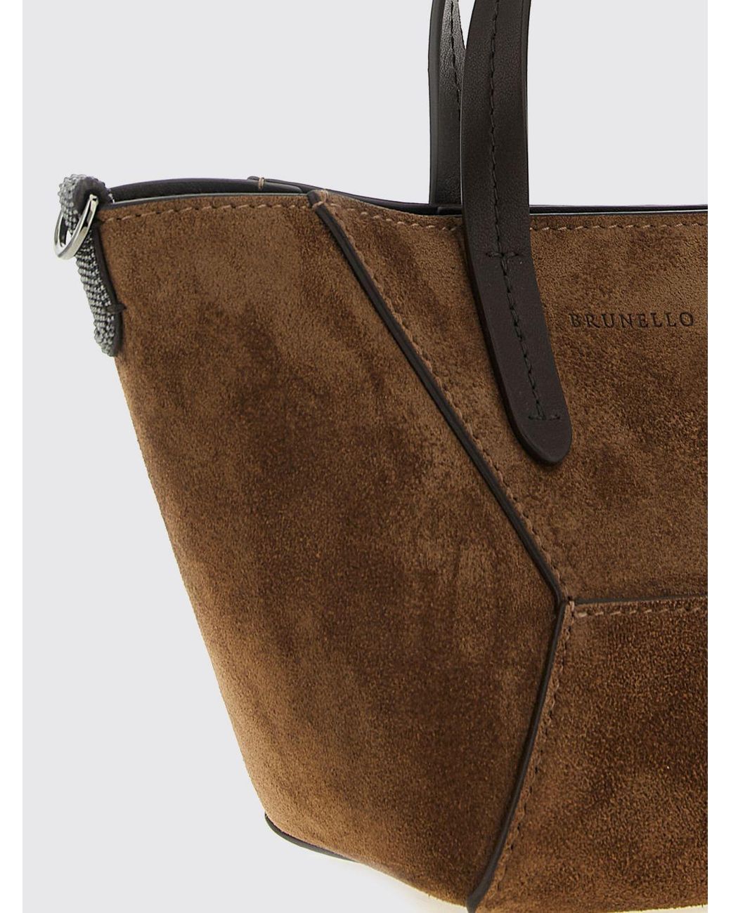 Brunello Cucinelli Brown Small Suede Handbag With Monili Embellishment