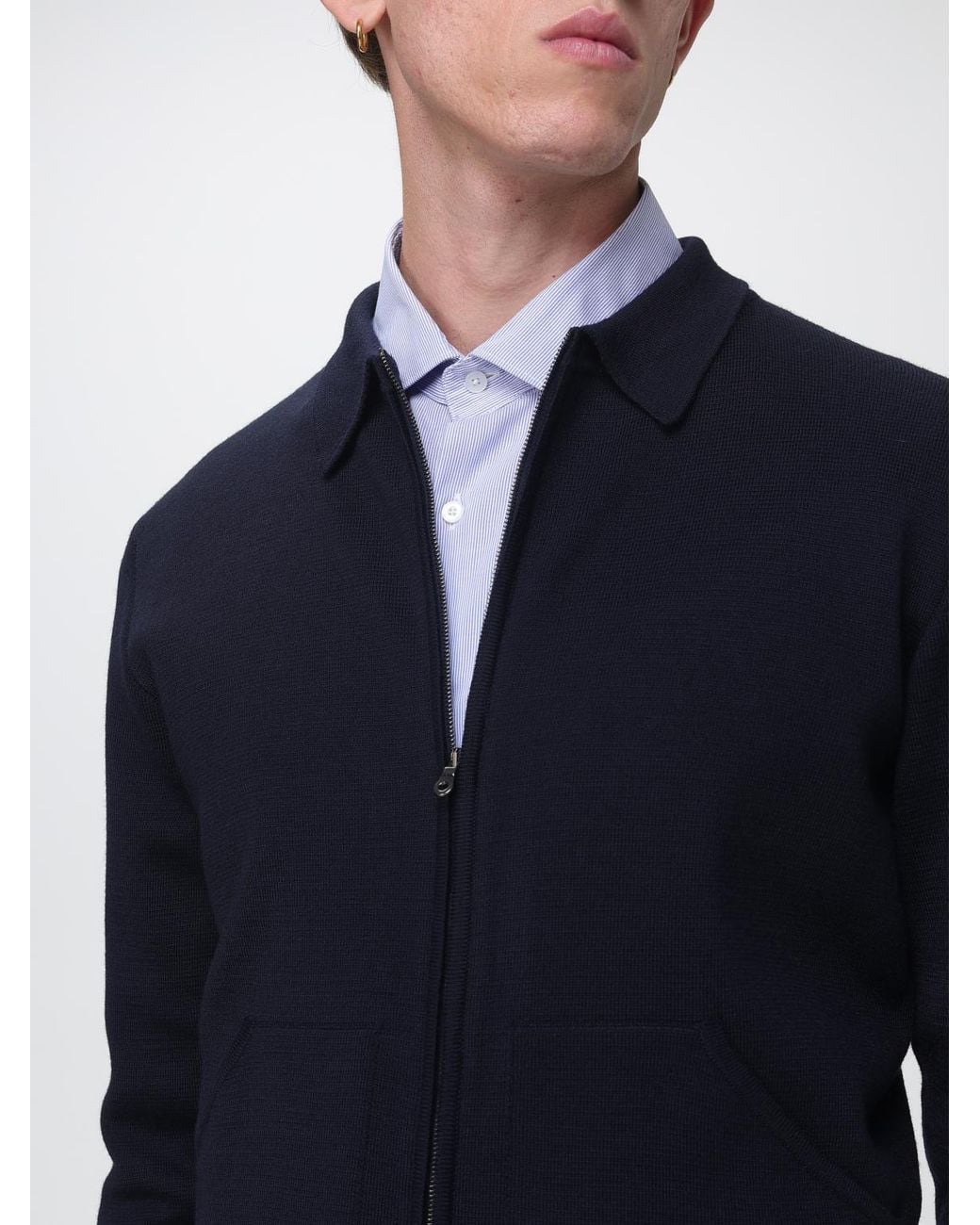 Brooksfield Blue Wool Blend Zip-Up Cardigan Jumper With Classic Collar for men