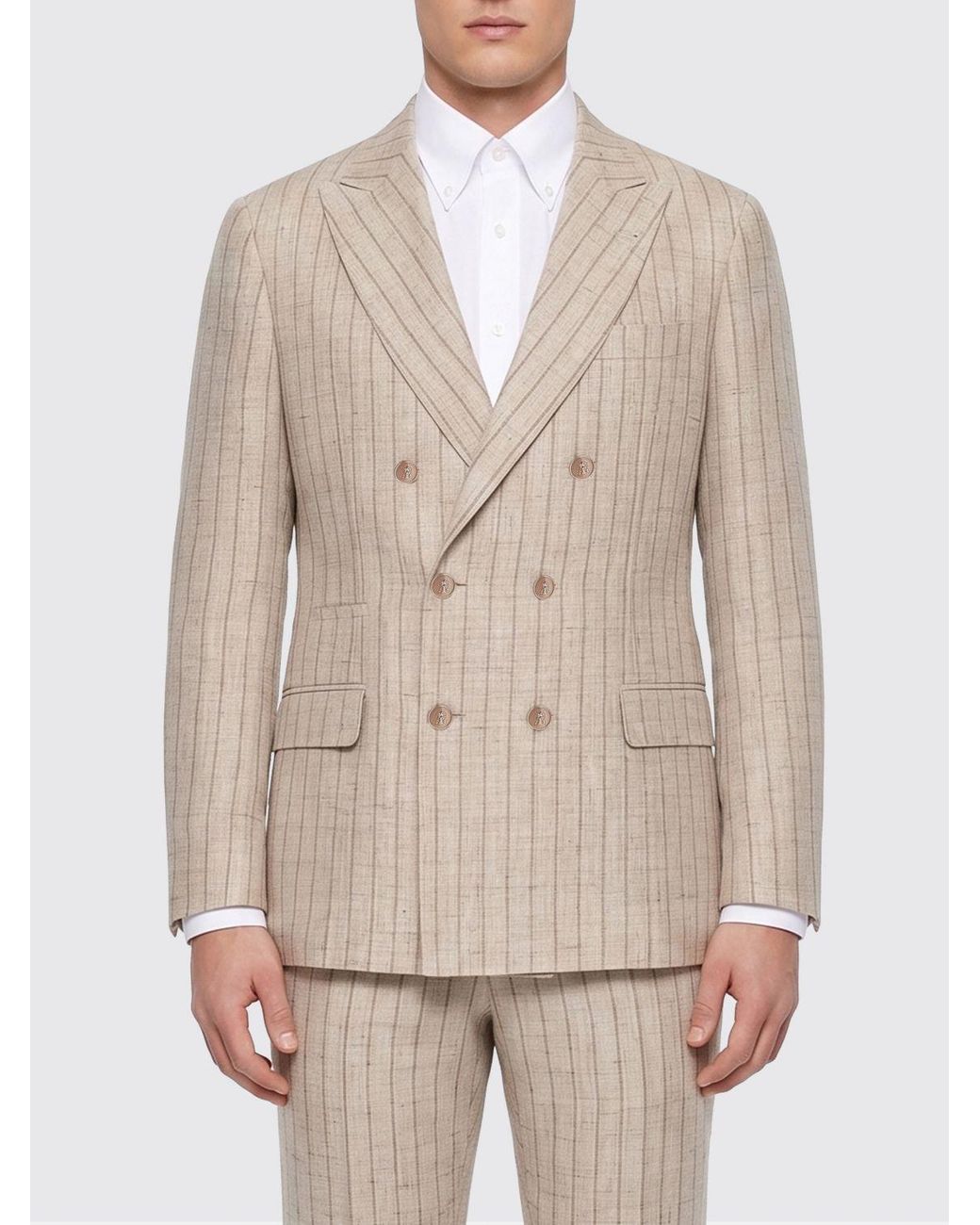 Brunello Cucinelli Natural Striped Double-Breasted Linen Blazer With Peak Lapels for men