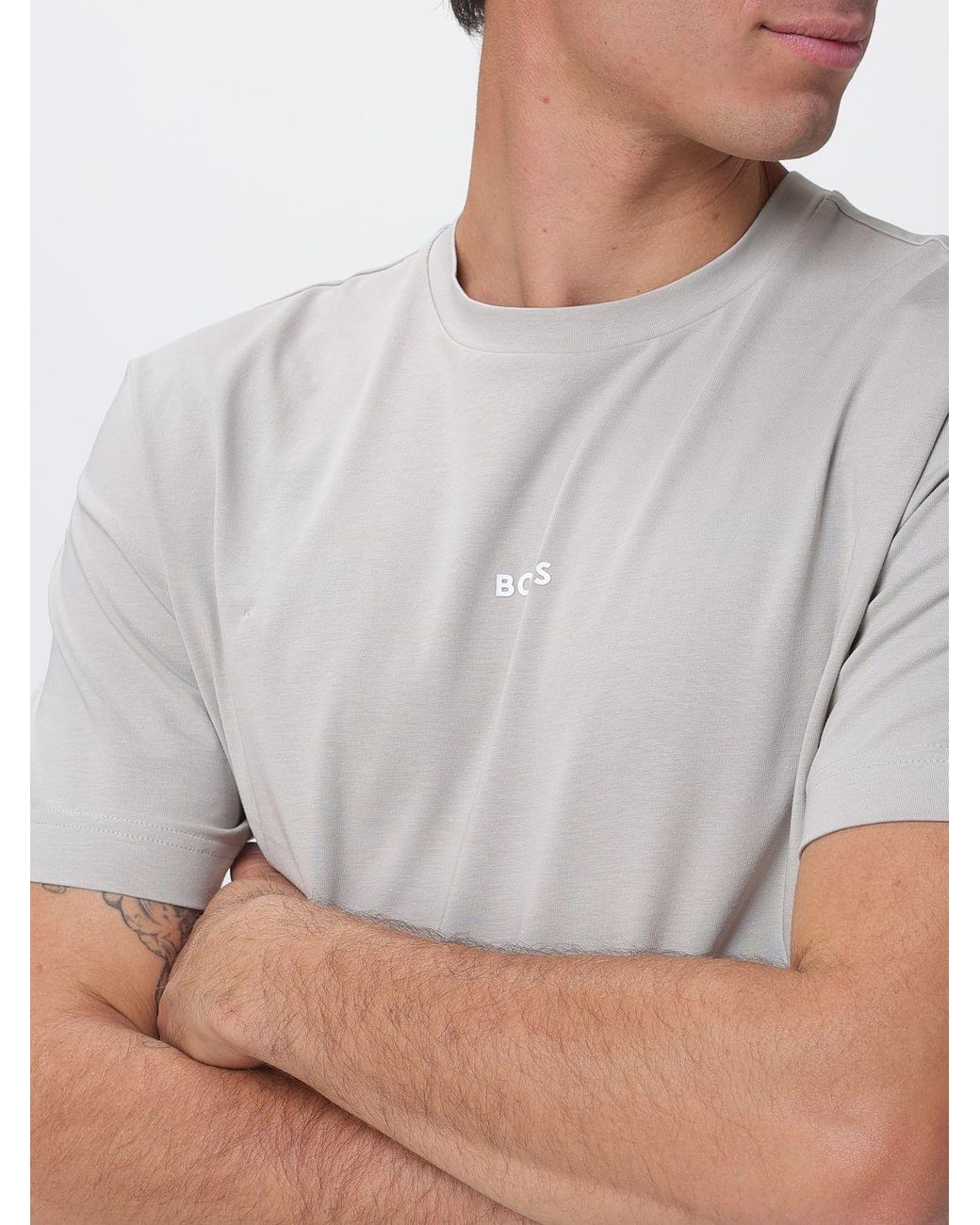 Boss Gray Crew Neck Stretch-Cotton T-Shirt With Contrast Chest Logo for men