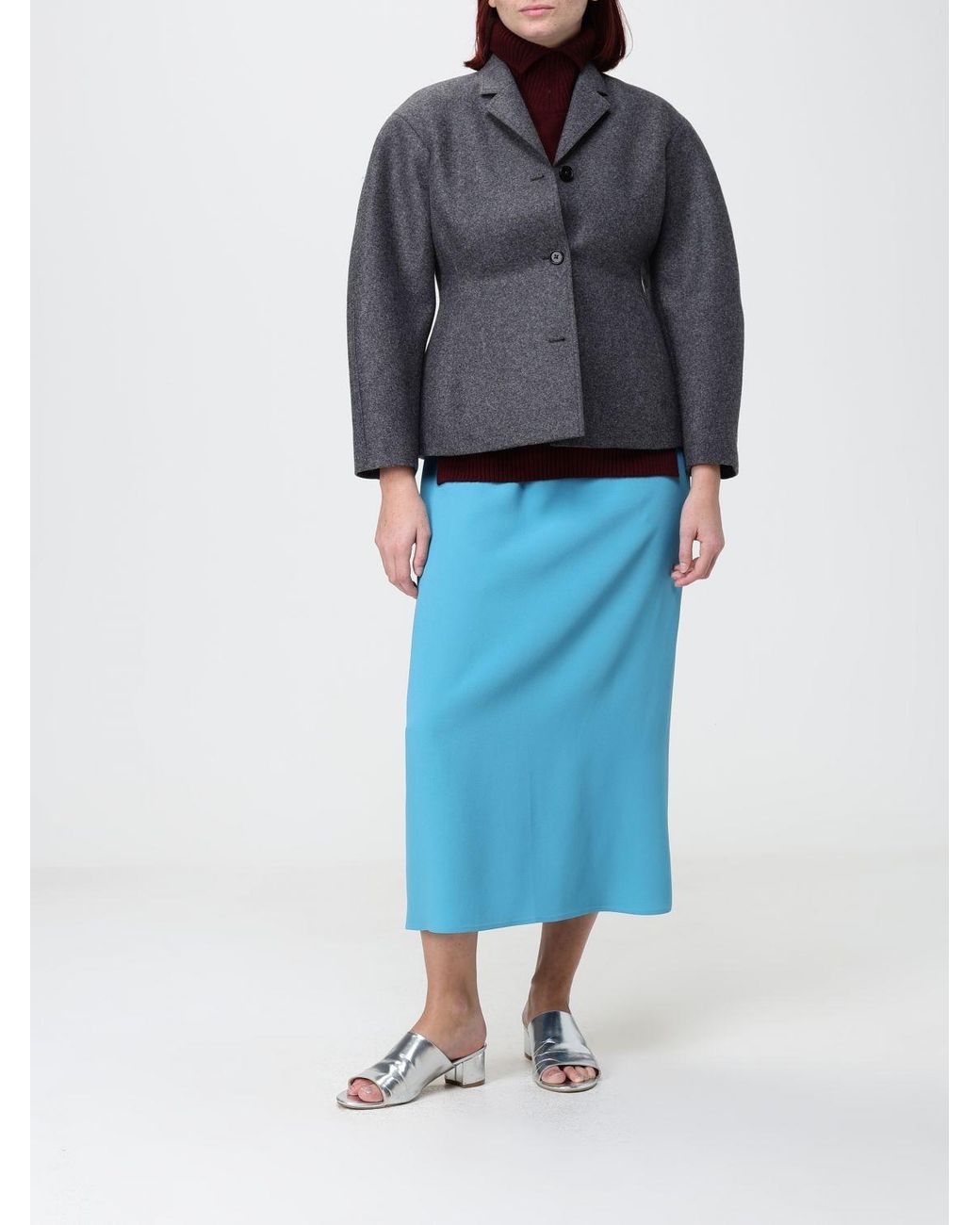 Jil Sander Blue Single-Breasted Virgin Wool Blazer With Balloon Sleeves And A Slim Fit