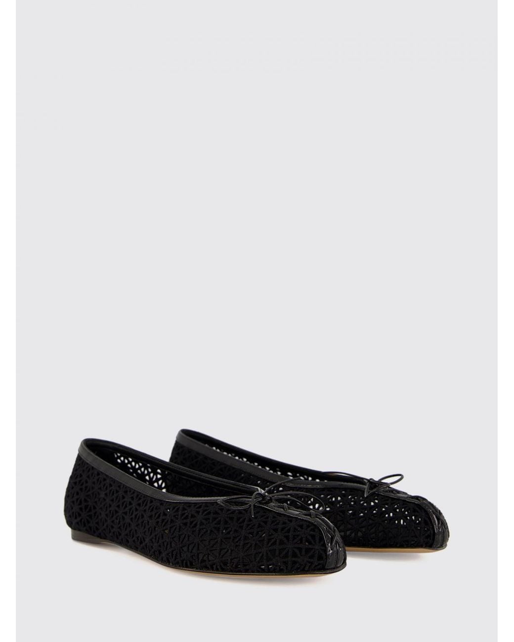 Ferragamo White Macramé Lace Ballet Flats With Patent Leather Round Toe