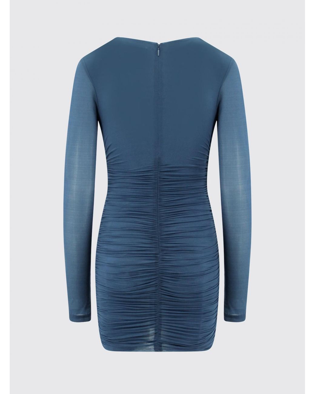 Saint Laurent Blue Ruched Jersey Sheath Mini Dress With A Deep V-Neckline