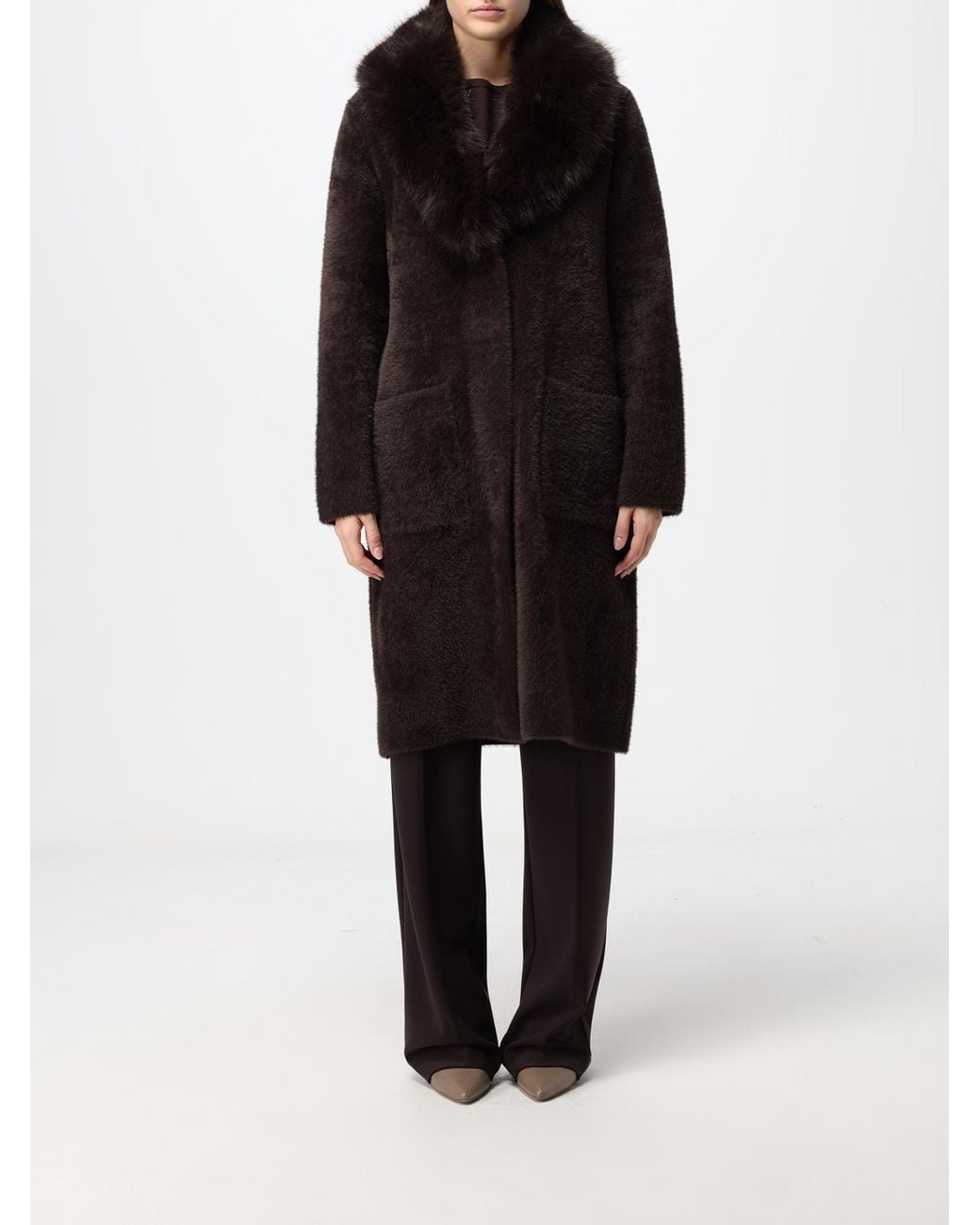 Joseph Ribkoff Black Long Faux Fur Coat With Shawl Collar