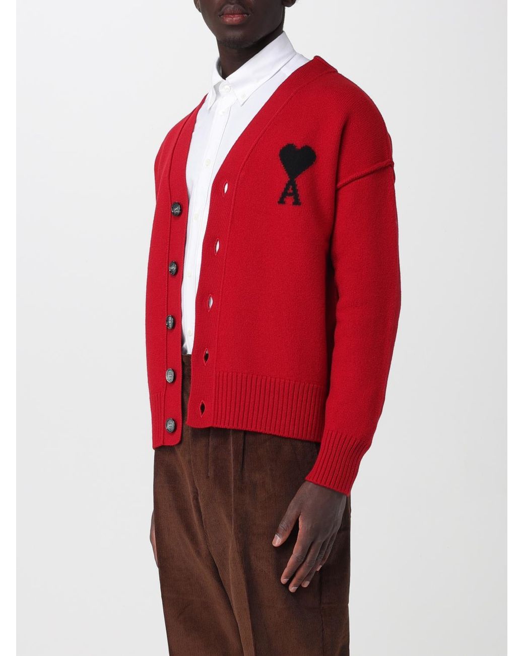 AMI Red V-Neck Wool Cardigan With Contrast Logo for men