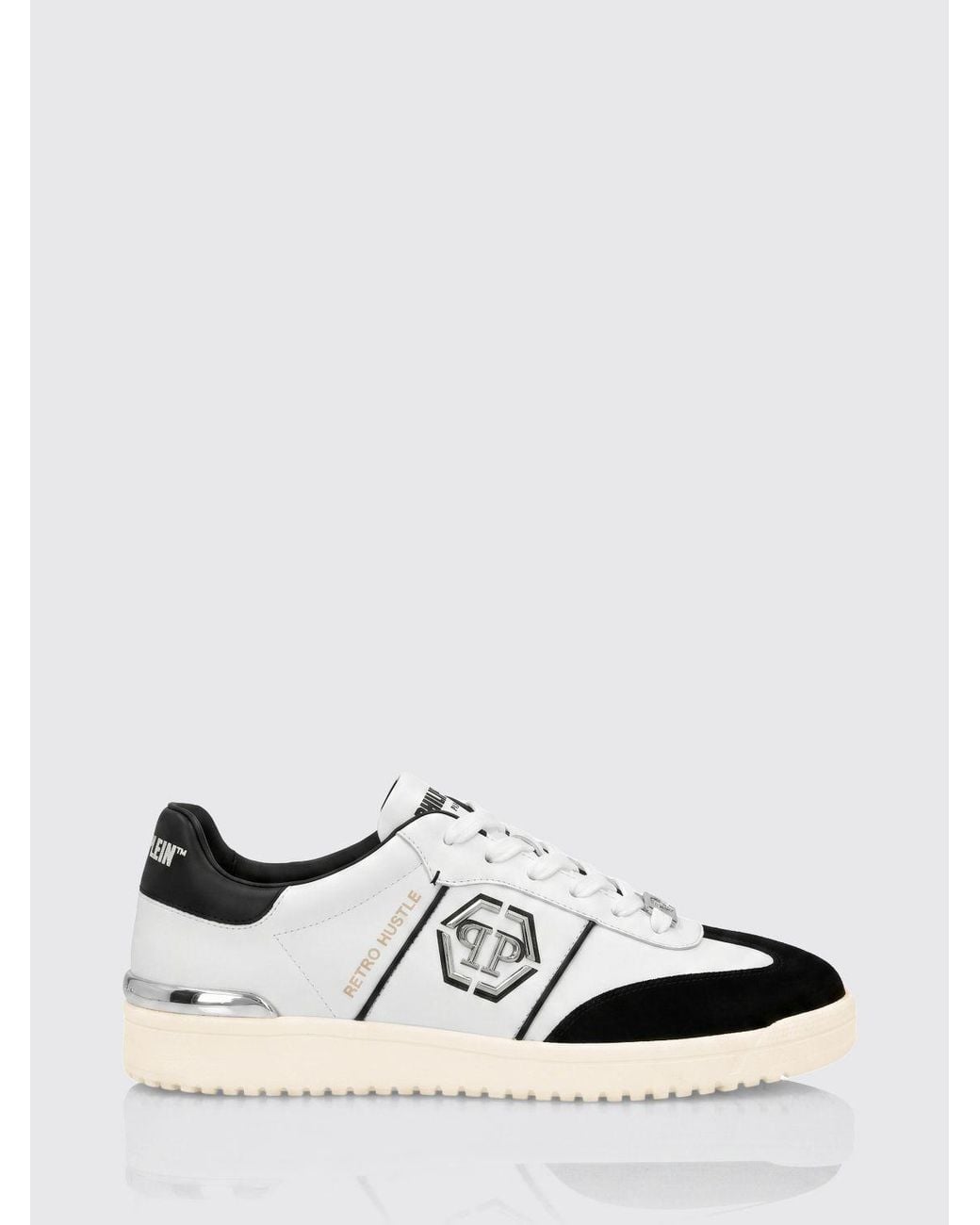 Philipp Plein White Retro Hustle Leather Sneakers With Hexagon Logo for men