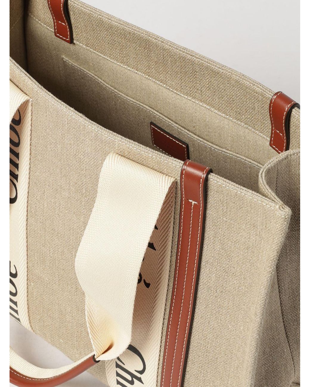Chloé Natural ChloÉ Woody Linen Tote Bag With Printed Logo And Double Handle