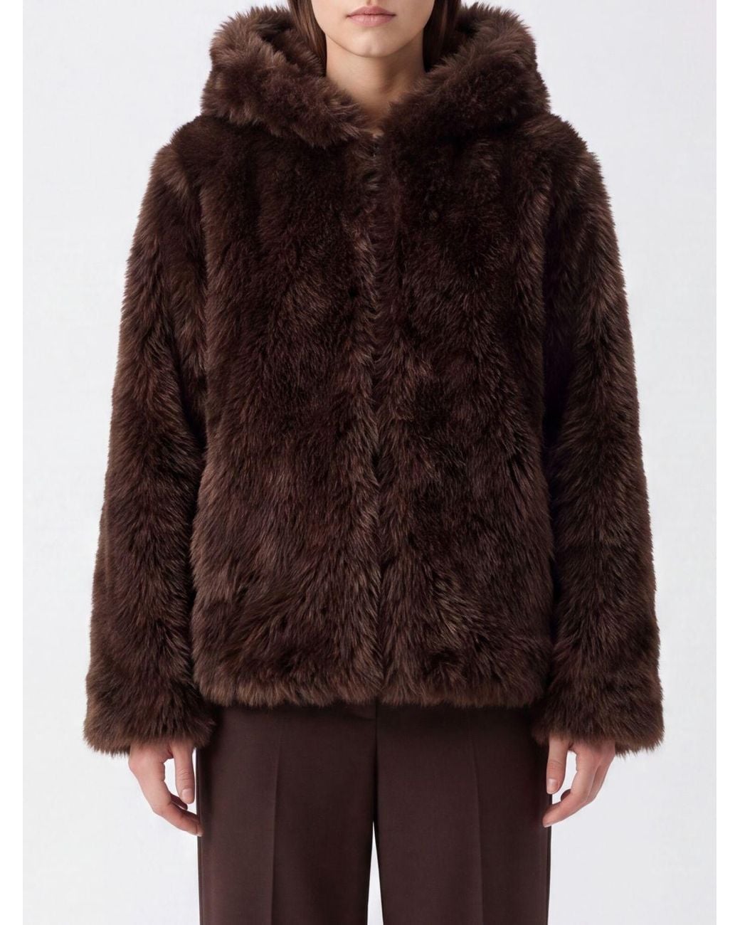 P.A.R.O.S.H. Brown Hooded Short Faux Fur Jacket P.A.R.O.S.H. With Concealed Closure