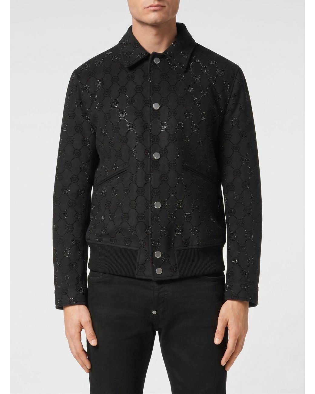 Philipp Plein Black Rhinestone Monogram Wool Bomber Jacket for men