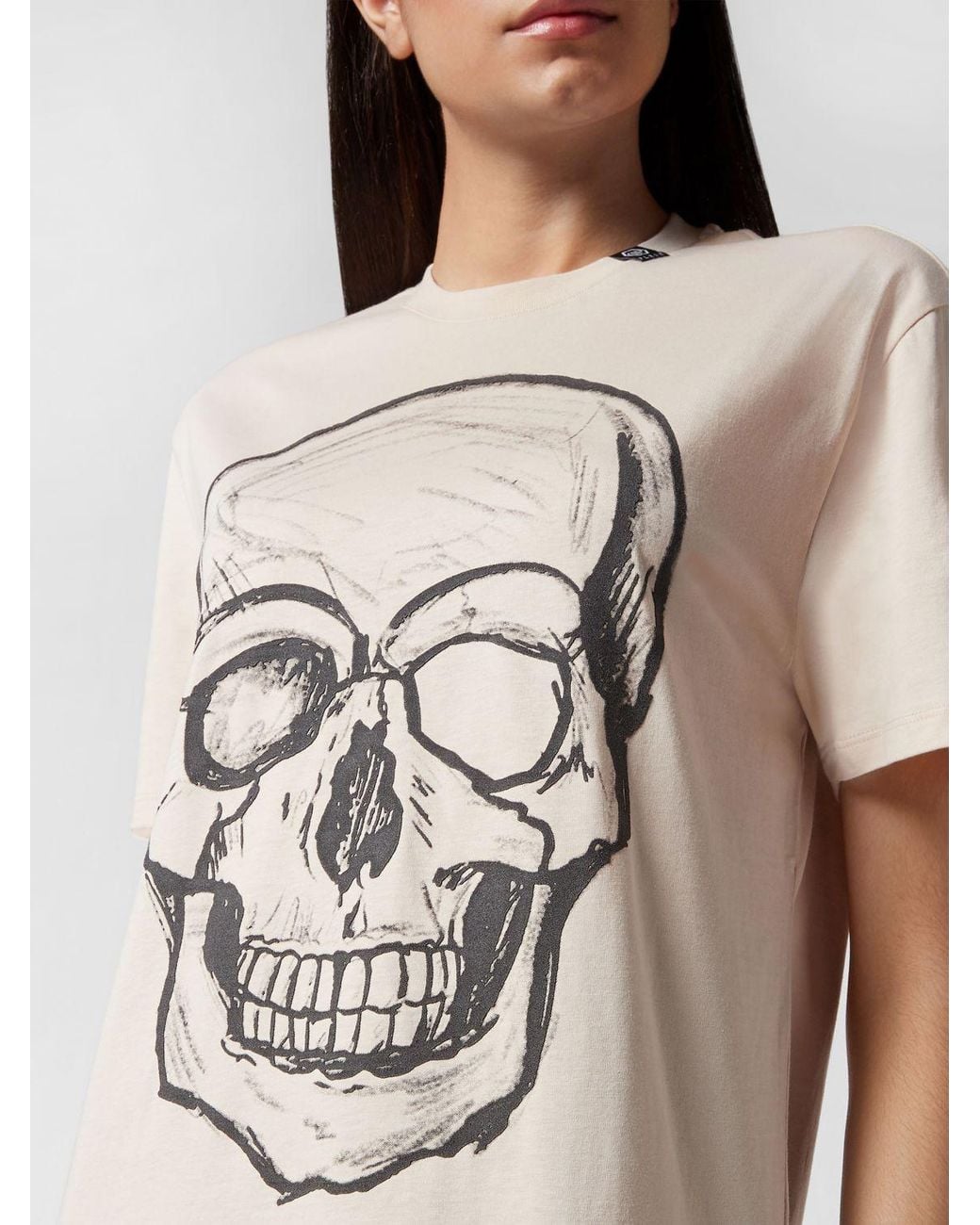 Philipp Plein Natural Skull Jersey T-Shirt With Contrast Logo Print