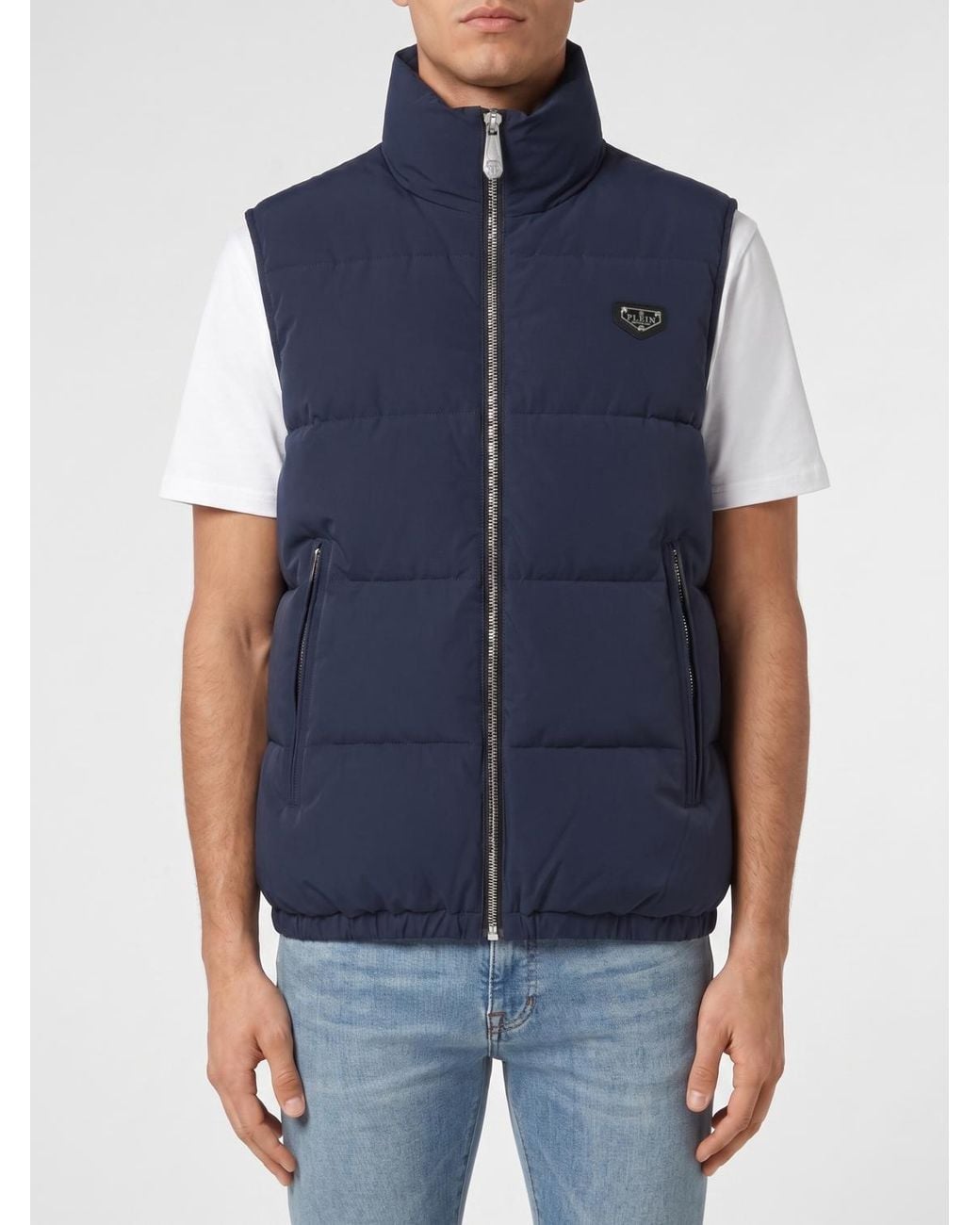Philipp Plein Blue High Neck Padded Technical Fabric Vest With Zip for men