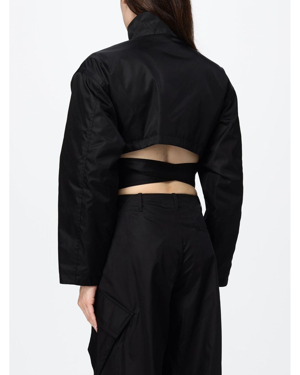Alaïa Black Cropped Technical Taffeta Bomber Jacket With High Neck And Waist Belt