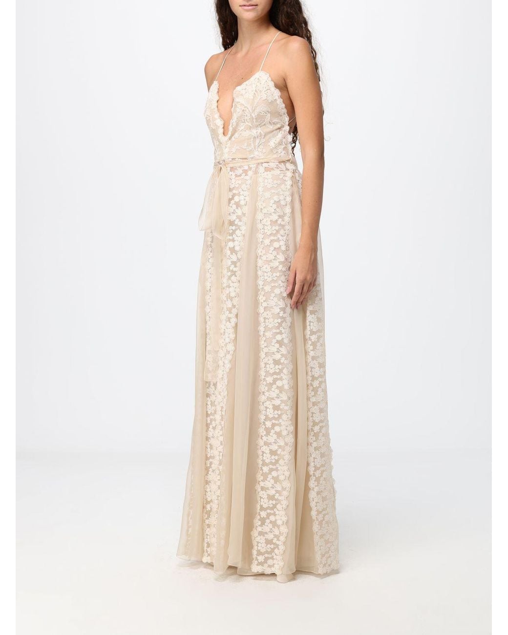 Fendi Natural Silk Georgette Long Evening Gown With V-Neck And Lace Inserts