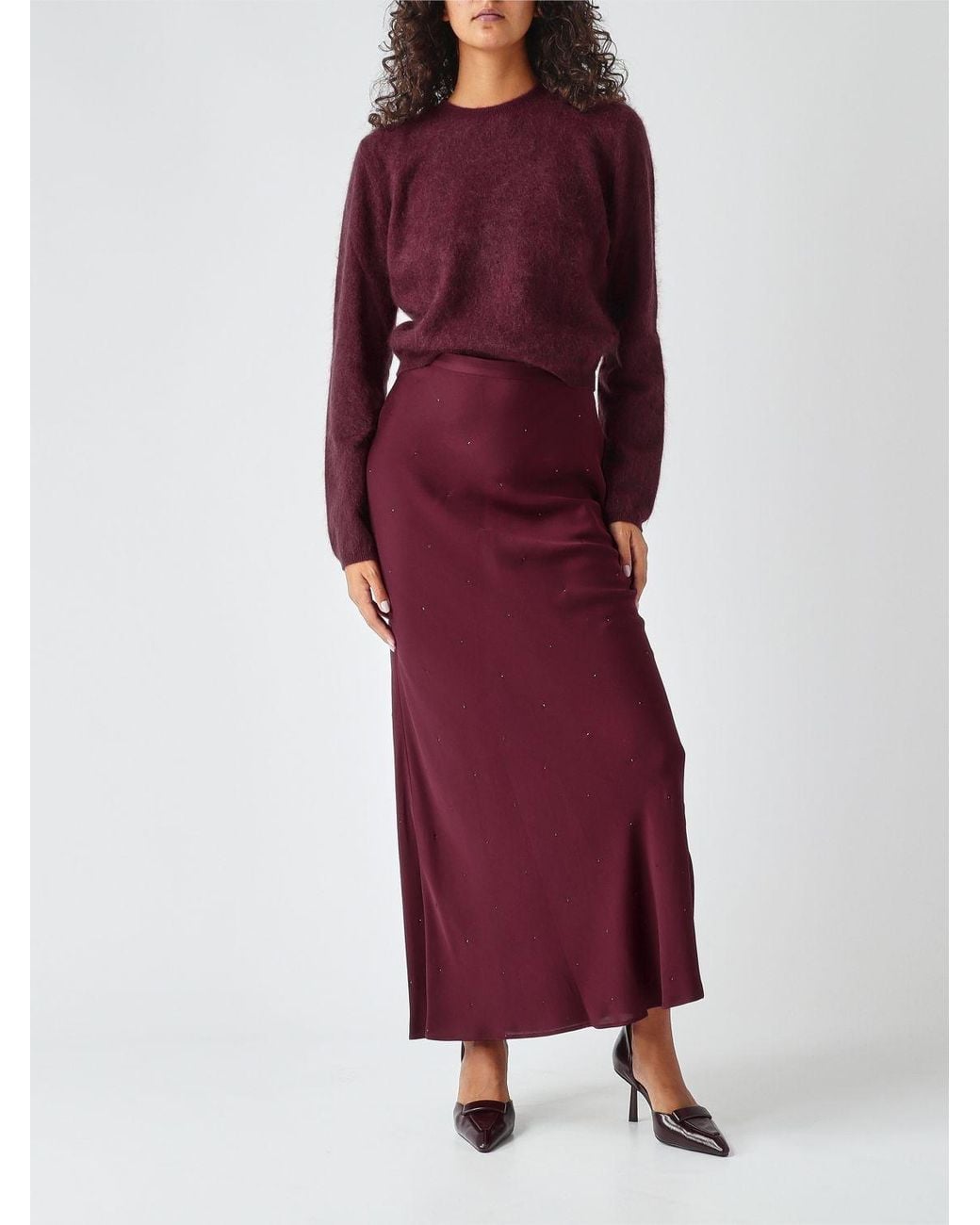 Twinset Red Satin Pencil Midi Skirt With Rhinestones
