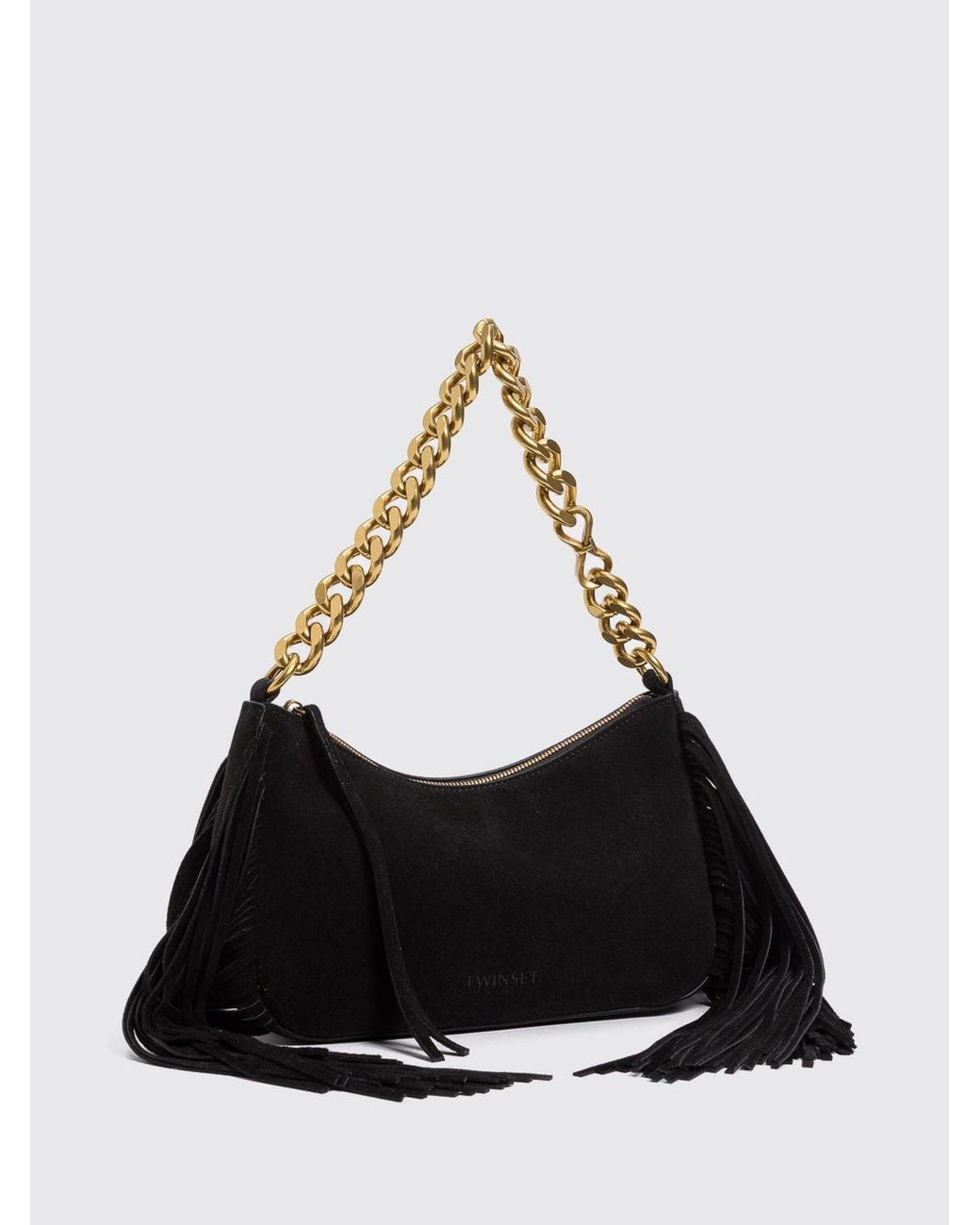 Twinset Black Liliane Suede Shoulder Bag With Fringes And Embroidery