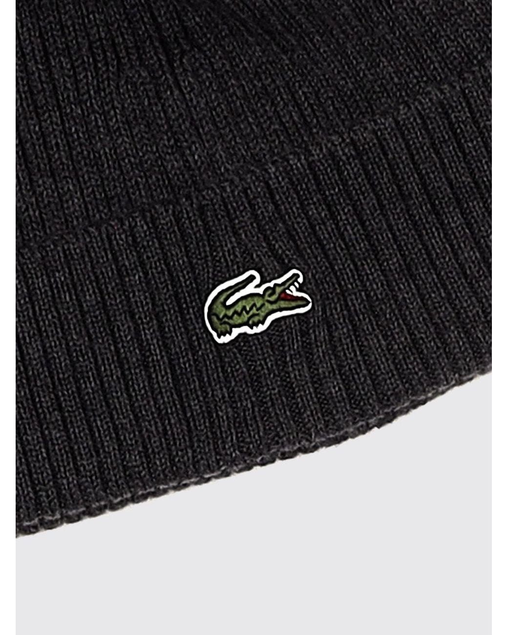 Lacoste Black Pure Wool Beanie With Cuffed Hem And Embroidered Crocodile Logo for men