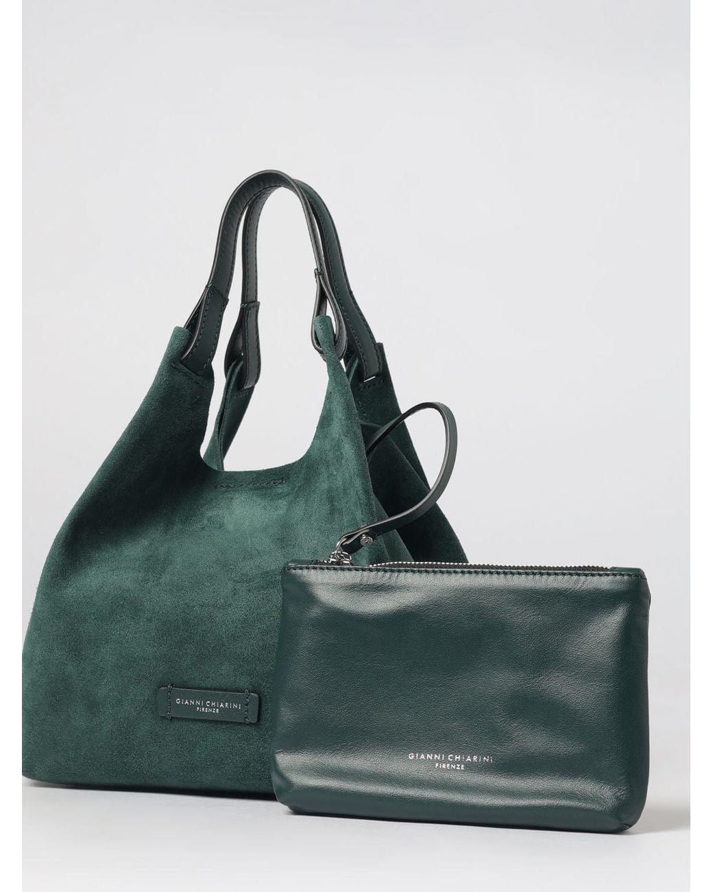 Gianni Chiarini Green Dua Suede Calfskin Handbag With Double Handle And Laminated Logo